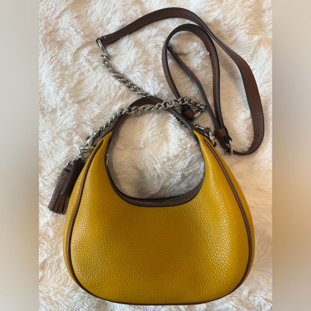Coach Pebbled Leather Mustard & Brown Crossbody Hobo - Picture 2 of 5